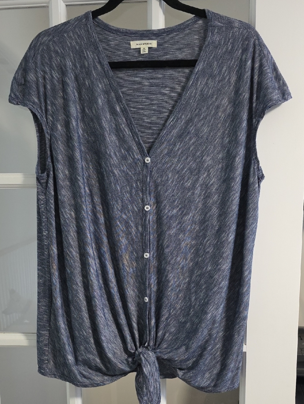 Max Studio Blue Heathered Stripe V-Neck Button Tie-Front Short Sleeve Top 1X